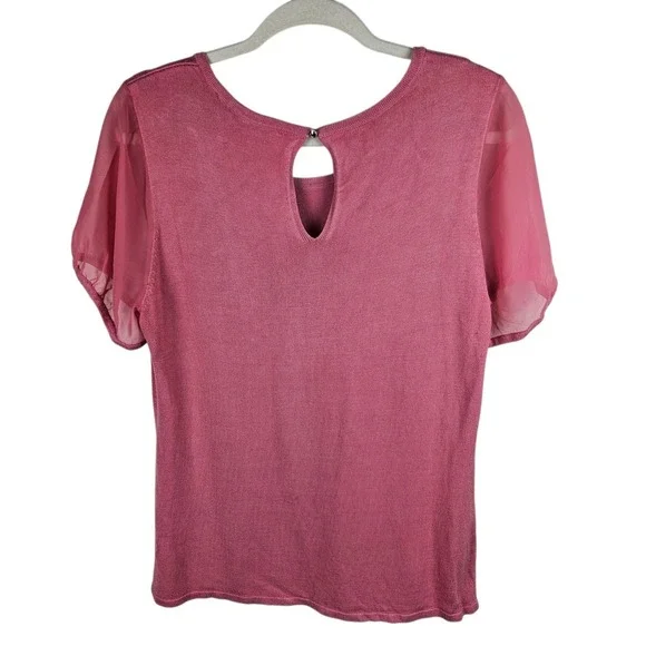 White House Black Market Womens Knit Top‎ Pink Sheer Sleeve Keyhole Back L - Picture 4 of 11
